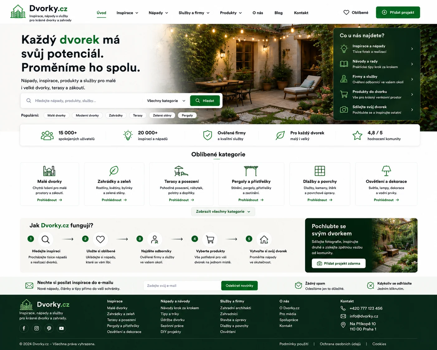 Ilustrační návrh webu Dvorky.cz pro inspiraci, realizaci a vybavení dvorků a zahrad